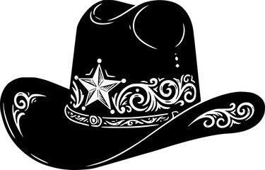 Cowboy hat with a star and elegant stylized swirls on a white backdrop.
