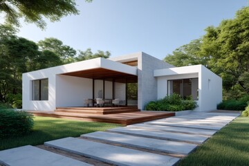 Modern minimalist house with wooden deck in lush green surroundings