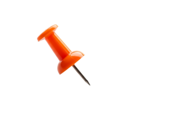 A single bright orange thumbtack with a sharp metal point isolated on transparent background