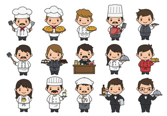 Collection of Cute Cartoon Chef and Restaurant Staff Characters.
