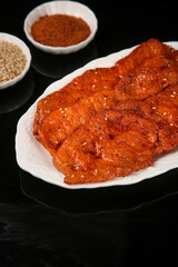 Fresh Marinated Beef Tenderloin Strips with Spices Ready for BBQ Grilling and Skewers