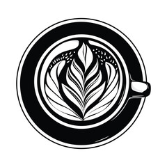 Decorative Coffee Cup with Latte Art and Leaf Design – Elegant Black and White Illustration