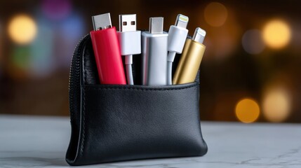 Portable charger holder with several cables in a stylish pouch against a blurred background.