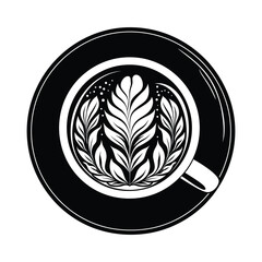 Decorative Coffee Cup with Latte Art and Leaf Design – Elegant Black and White Illustration