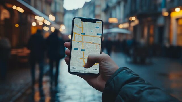 Close-up of hand holding smartphone with digital map navigation application in city street, modern technology, urban lifestyle, GPS navigation, travel, mobility, direction and digital innovation.