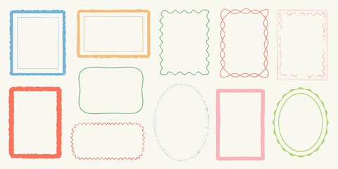 A collection of hand drawn decorative borders and frames in various shapes and colors