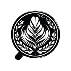 Decorative Coffee Cup with Latte Art and Leaf Design – Elegant Black and White Illustration
