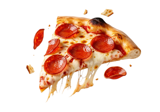 Delicious slice of pepperoni pizza with melted cheese dripping and flying toppings isolated on transparent background