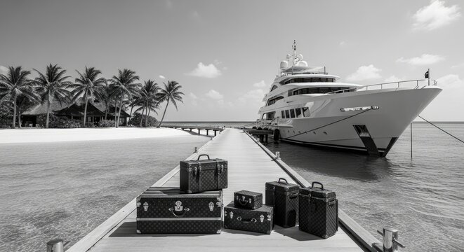 Black and white image of luggage stacked on a pier leading to a luxurious yacht docked near a tropical island with palm trees and a small hut. - Powered by Adobe