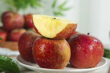 Fresh Red Apples with Slice on White Plate - Healthy Organic Fruit