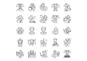 Fototapeta premium Dragon's Lair: 25 Vector Icons, Monochrome Dragon Icons, The Dragonflight Icon Collection