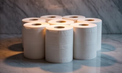 A group of white paper towel rolls arranged in a circle on a marble surface