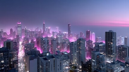 Fototapeta premium Futuristic Cityscape Aerial View at Dusk with Glowing Lights and Purple Sky Night Cityscape with Illuminated Buildings and Towers
