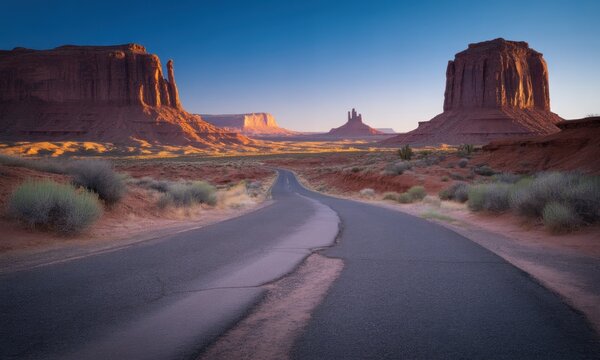 A paved road winds through a landscape of buttes and mesas at sunrise.  Desert landscape, sunrise,  road,  landscape, buttes,  