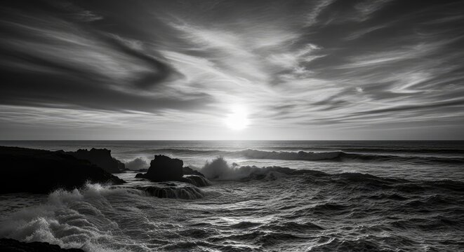 Dramatic monochrome seascape at sunset, with turbulent waves crashing against rocky coastline. - Powered by Adobe