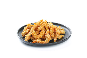 Crispy Golden Pork Rinds Chicharrones on Black Plate White Background Food Photography