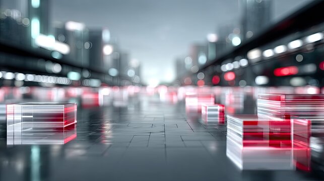 Futuristic Cityscape with Red and White Hologram Blocks on a Gray Tiled Surface Urban Scene and Blurred Building Background