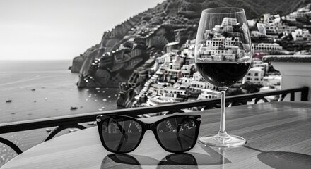 Black and white image of a wine glass filled with red wine and sunglasses on a table overlooking a coastal town and the sea.