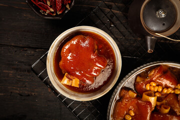 Spicy Pork Knuckle Stew with Soya Beans - Traditional Asian Braised Dish in Red Sauce