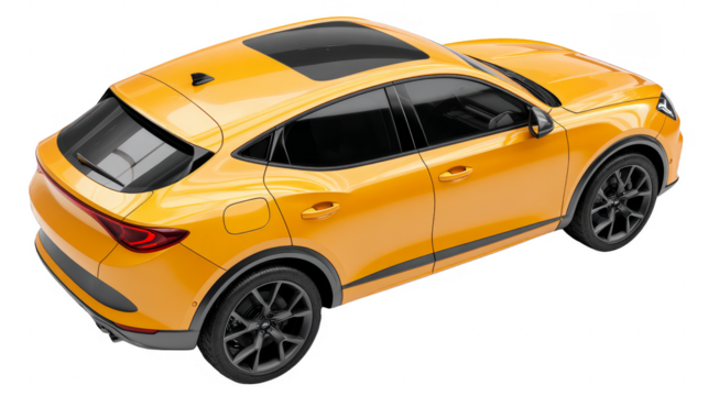 A modern yellow SUV car with a sleek design featuring black wheels, showcasing contemporary automotive technology.
