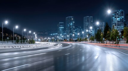 Obraz premium Futuristic Night Highway Long Exposure with Cityscape and Light Trails in Blue and White
