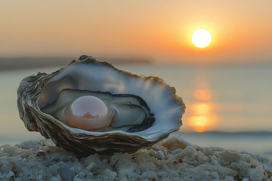 Pearl oyster at sunrise.  Ocean sunrise