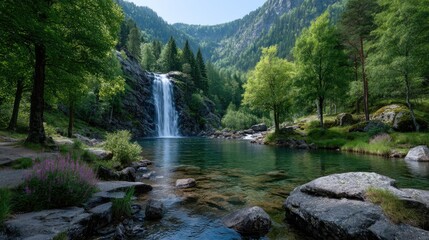 Majestic Waterfall Cascading into Tranquil Pond Surrounded by Lush Green Forest Under Bright Sunlight