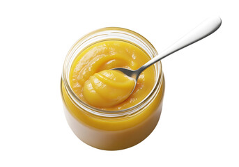 A glass jar filled with golden ghee clarified butter and a spoon inside isolated on transparent background