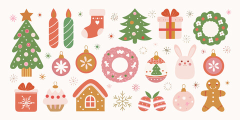 A charming collection of flat design christmas holiday elements and decorations in soft pastel colors