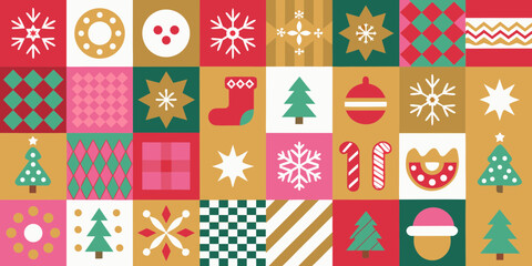 Retro christmas pattern with festive icons in a grid layout