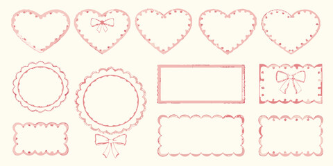 Collection of hand drawn pink decorative frames and borders in various shapes and styles