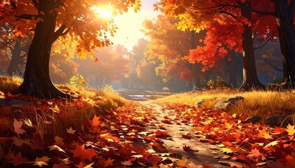 A sunlit forest path in autumn, with vibrant red and orange leaves scattered across the ground, under a golden sunlight