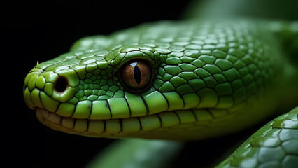 Fototapeta premium Macro Photograph of a Green Snake's Eye and Detailed Scales