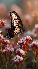 Macro butterfly gentle motion concept, A butterfly gracefully perched on vibrant flowers in soft sunlight.