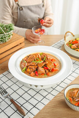 Country Farmhouse Goose Stew in Iron Skillet - Traditional Home Cooking