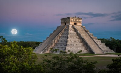 Ancient pyramid at twilight, full moon overhead