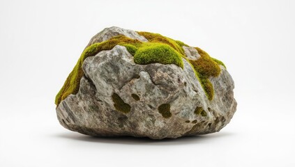 A large, gray stone, speckled with varied textures, is adorned with patches of vibrant green moss, creating a serene and natural scene.