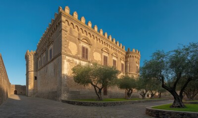 Ancient stone castle with olive trees
