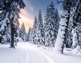 Snowy Path Through Winter Forest at Sunrise