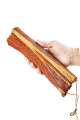 Hand Holding Traditional Smoked Bacon Slab with Layers on White Background