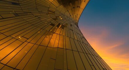 Architectural Marvel - A Golden Tower Reaching for the Sky at Sunset.