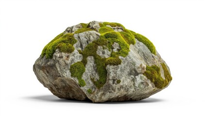 A substantial, rounded rock, heavily textured with varying shades of gray and covered in vibrant patches of green moss, is presented against a clean white backdrop.
