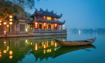 Asian temple by tranquil lake at dawn