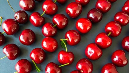 Fresh cherries arranged in rows