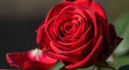 Macro shot of a deep red rose with delicate water drops glistening on its textured petals