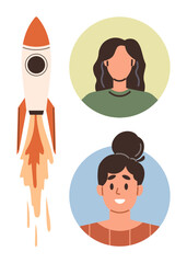 Rocket launching vertically alongside two people in colorful circular frames. Ideal for teamwork, innovation, leadership, diversity, goal setting, progress, entrepreneurship. A simple flat metaphor