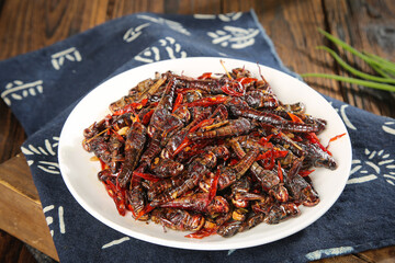 Fried Grasshopper Insect Stir-Fry with Red Peppers Traditional Asian Cuisine Alternative Protein Food