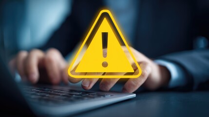 Warning symbol on laptop digital screen. Urgent spam, virus or phishing alert notification icon. Businessman at work. Data protection concept