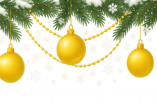 Festive winter holiday mood with evergreen pine boughs decorated with shiny gold balls and sparkling frozen flakes - Powered by Adobe