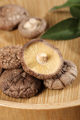 Fresh Shiitake Mushrooms on Wooden Board - Cooking Ingredients for Healthy Asian Cuisine